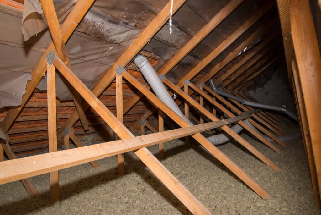 Grenier avec charpente en bois, isolation soufflée et traces d'humidité/moisissure sur la sous-toiture. Conduits de ventilation visibles.