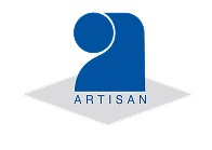Logo stylisé bleu foncé d'Artisan sur fond noir, avec le mot 'ARTISAN' en capitales bleues sur un losange gris clair.