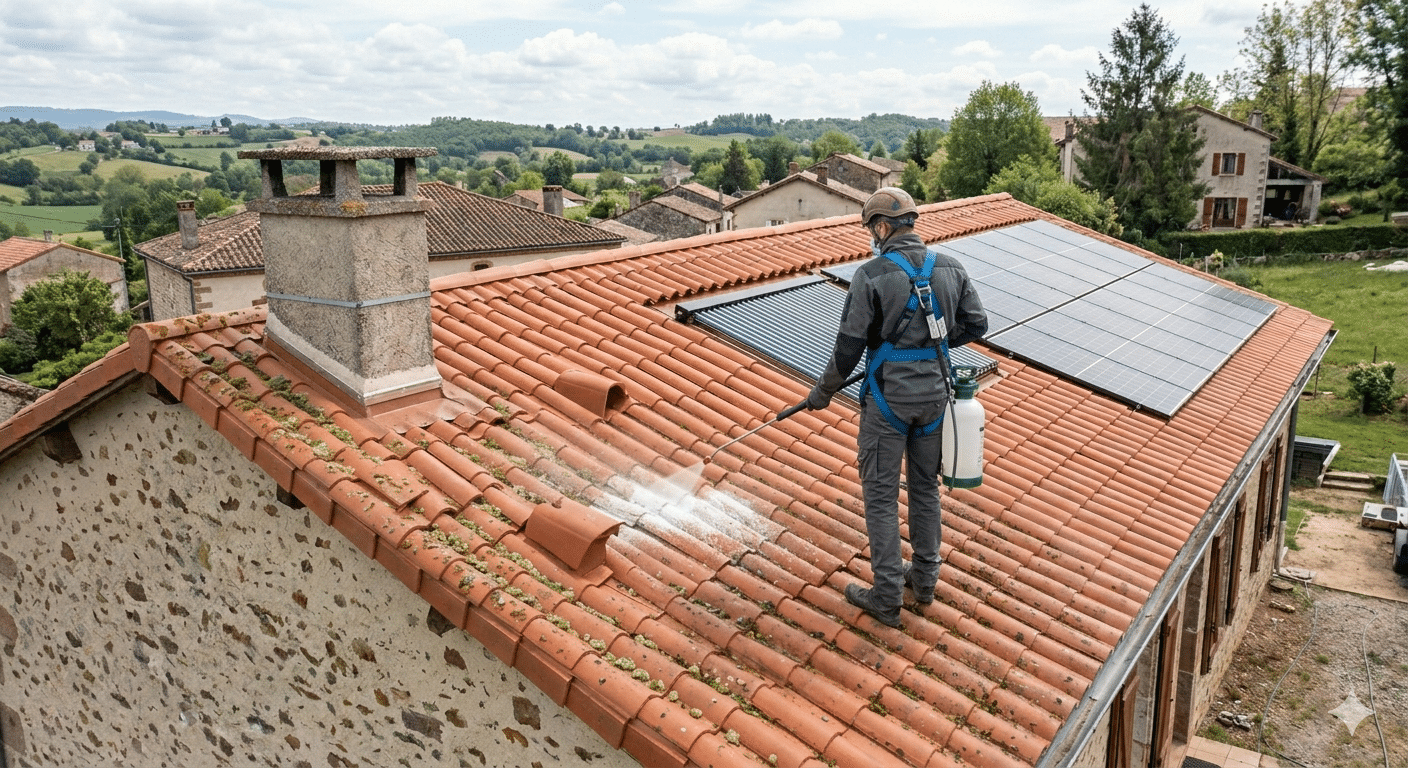 Professionnel nettoyant une toiture en tuiles avec pulvérisateur et harnais de sécurité devant des panneaux solaires.